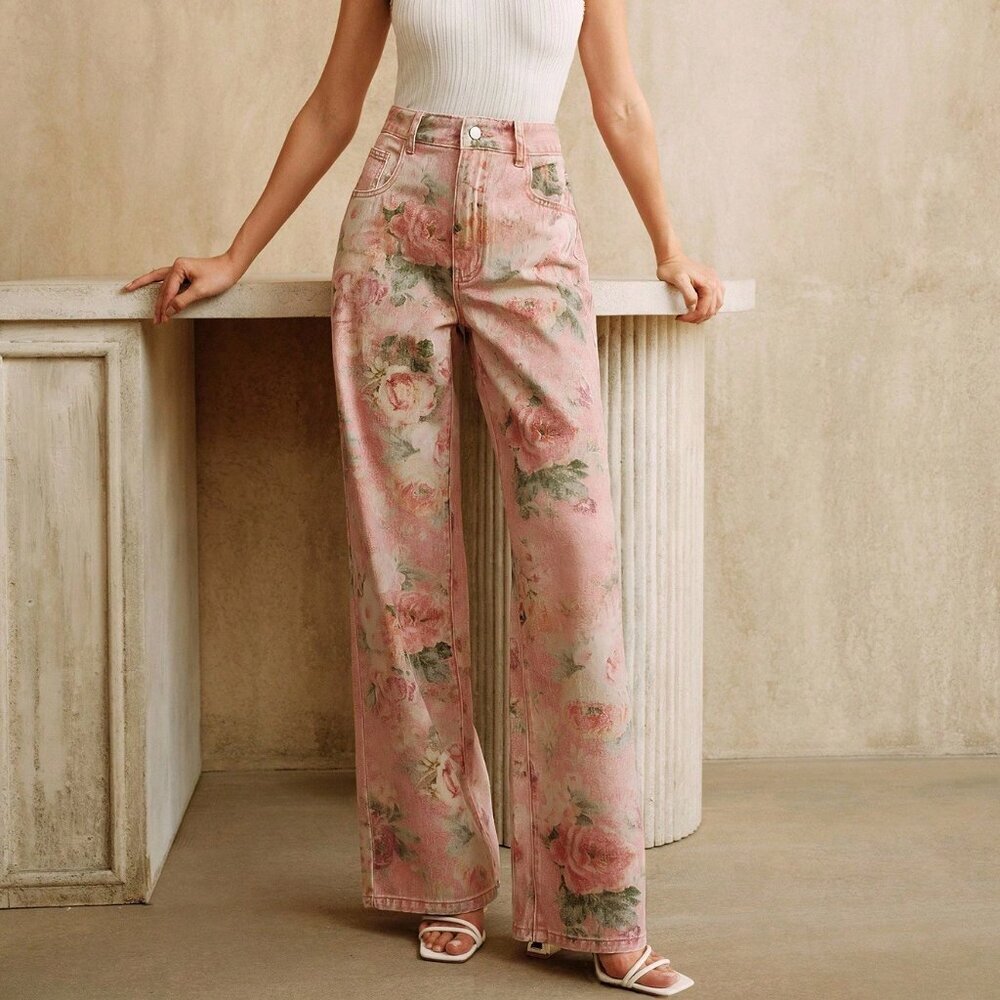 Pink Casual Women's Printed Jeans - Picture 1 of 7